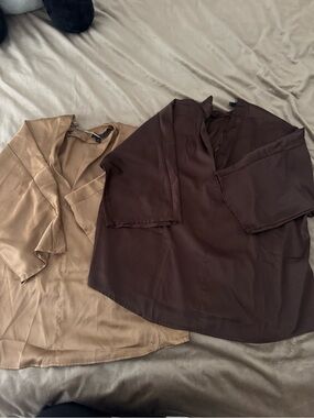 Banana Republic Satin V-Neck Blouse in Rich Chocolate and Beige - SET OF 2